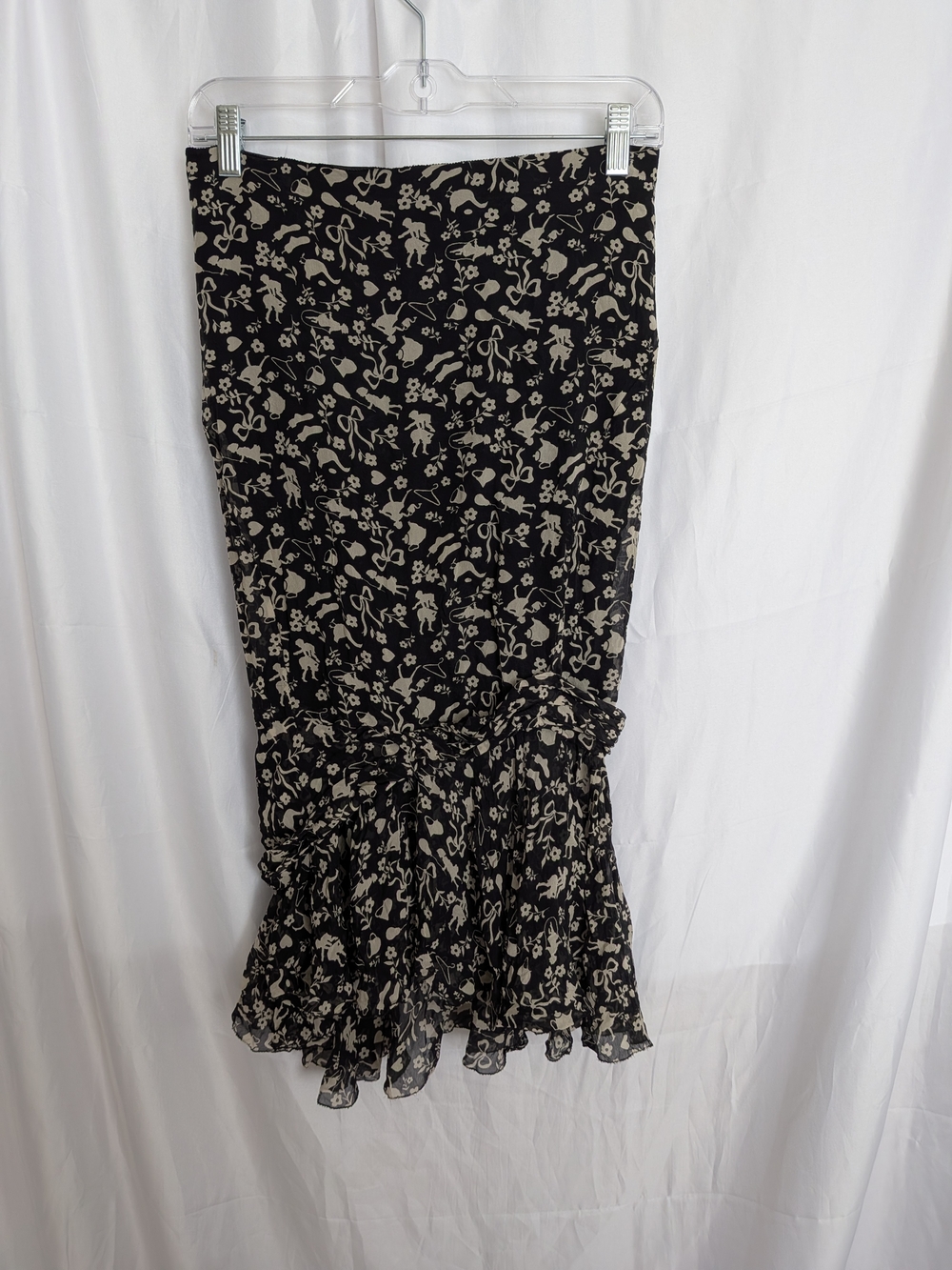 Moschino Black and Cream Floral Midi Skirt with Ruffle Hem Size 8